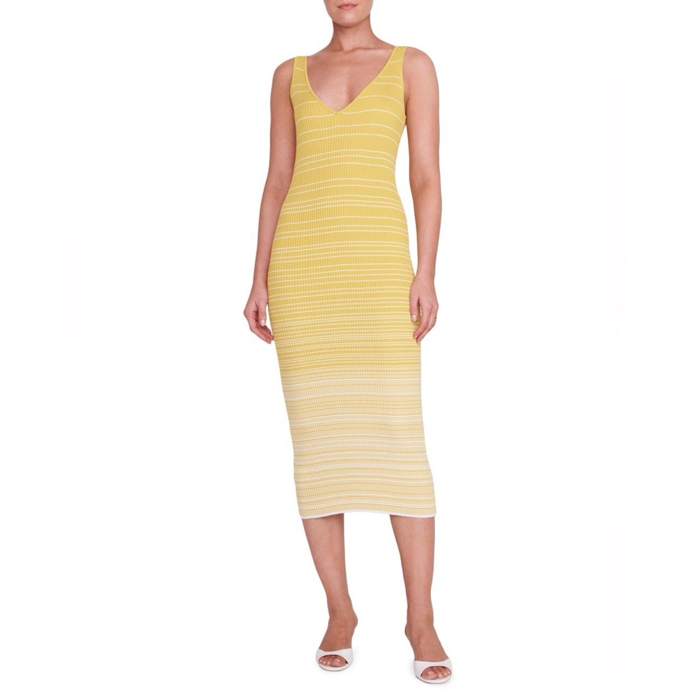 Staud Dana Striped V-Neck Midi Bodycon Dress Size Large